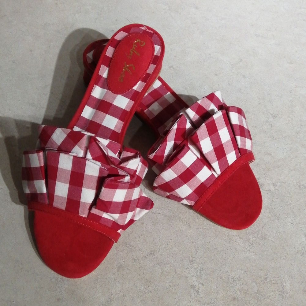 Red and white checkered sandals with a small heel. RUBBY SHOO.